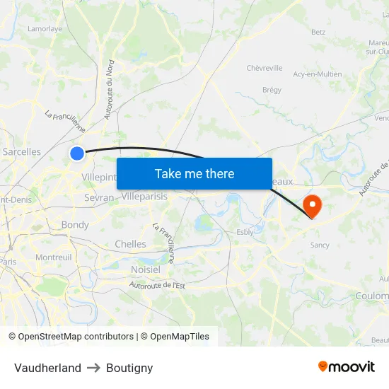 Vaudherland to Boutigny map
