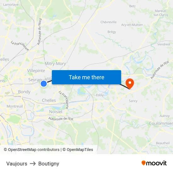 Vaujours to Boutigny map