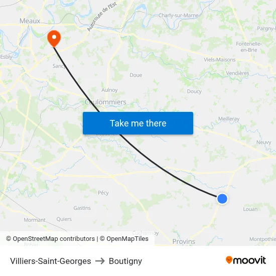 Villiers-Saint-Georges to Boutigny map