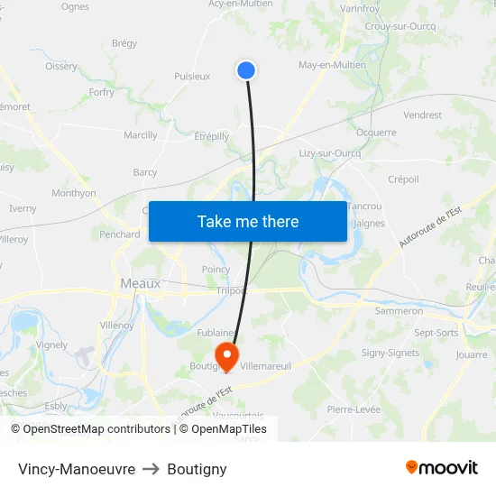Vincy-Manoeuvre to Boutigny map