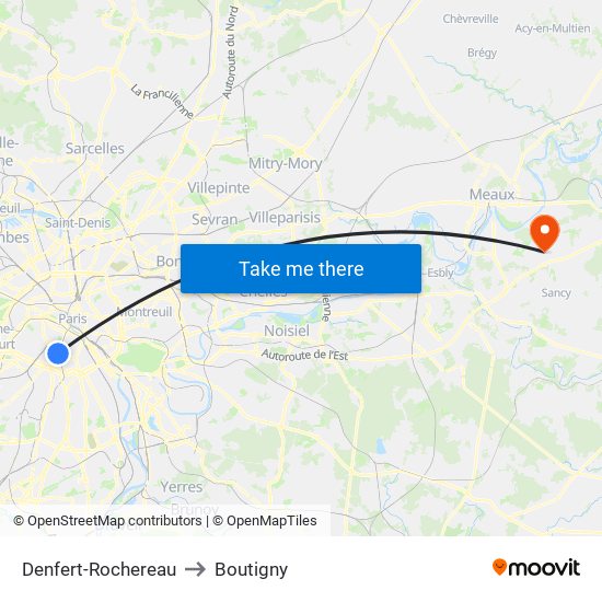 Denfert-Rochereau to Boutigny map