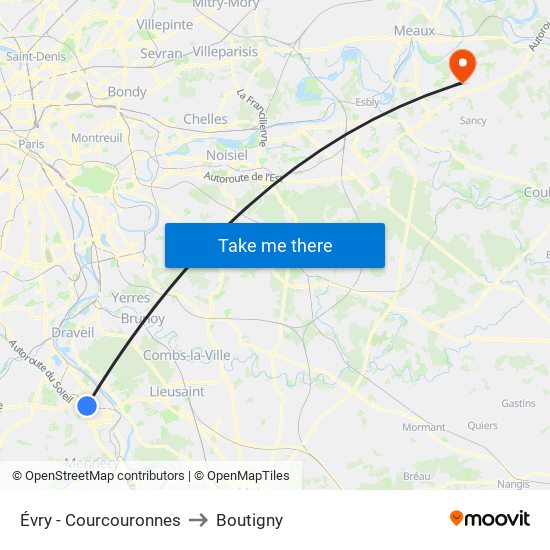 Évry - Courcouronnes to Boutigny map