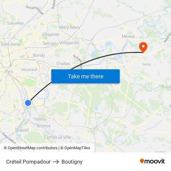 Créteil Pompadour to Boutigny map