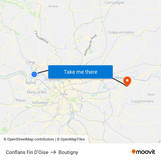 Conflans Fin D'Oise to Boutigny map