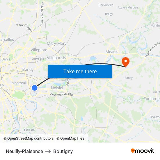 Neuilly-Plaisance to Boutigny map