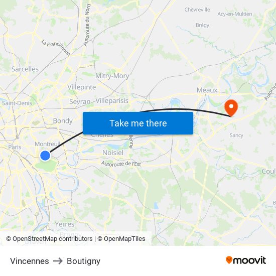 Vincennes to Boutigny map