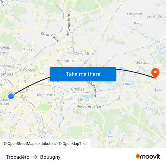 Trocadéro to Boutigny map