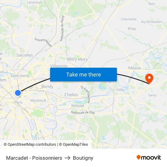 Marcadet - Poissonniers to Boutigny map