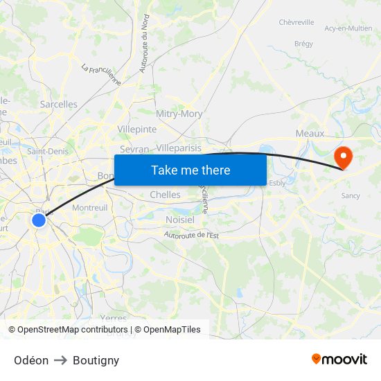 Odéon to Boutigny map