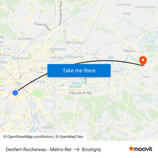 Denfert-Rochereau - Métro-Rer to Boutigny map