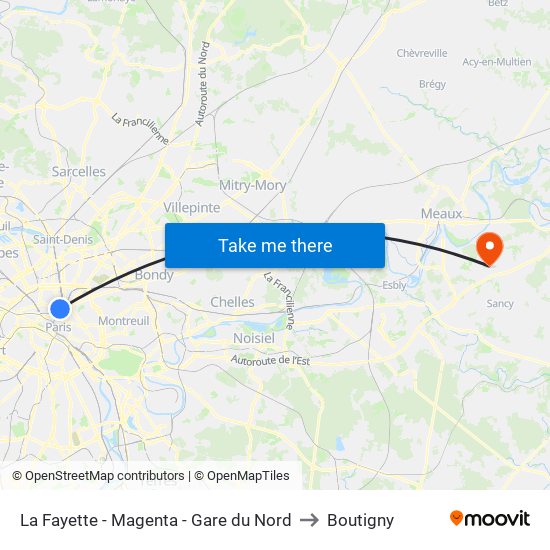 La Fayette - Magenta - Gare du Nord to Boutigny map