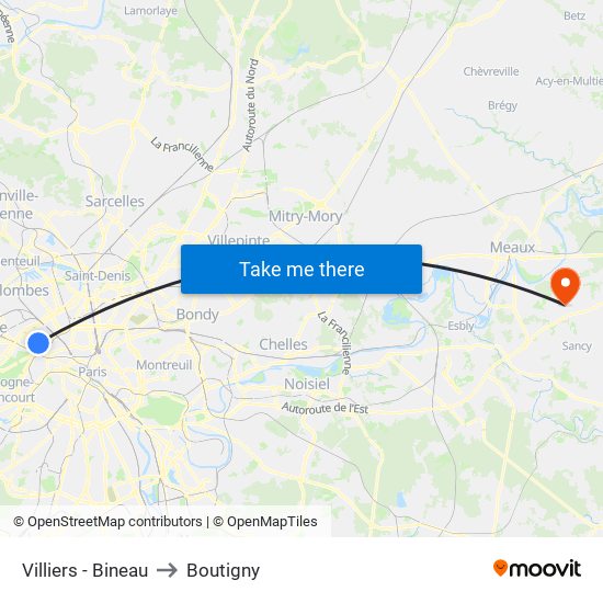 Villiers - Bineau to Boutigny map