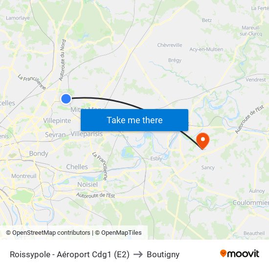Roissypole - Aéroport Cdg1 (E2) to Boutigny map