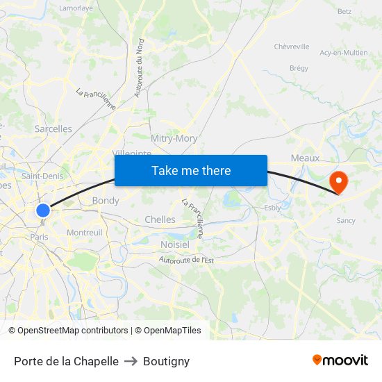 Porte de la Chapelle to Boutigny map