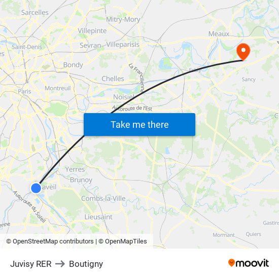 Juvisy RER to Boutigny map