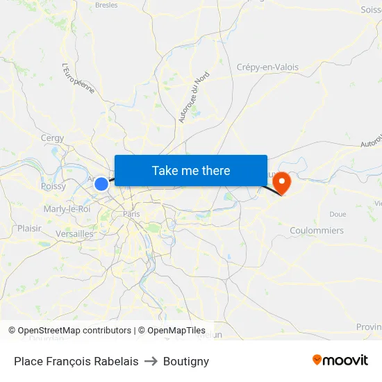 Place François Rabelais to Boutigny map