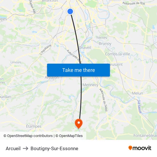 Arcueil to Boutigny-Sur-Essonne map