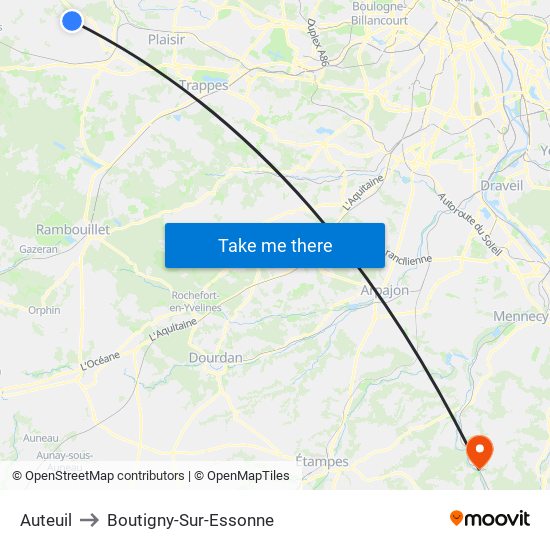 Auteuil to Boutigny-Sur-Essonne map