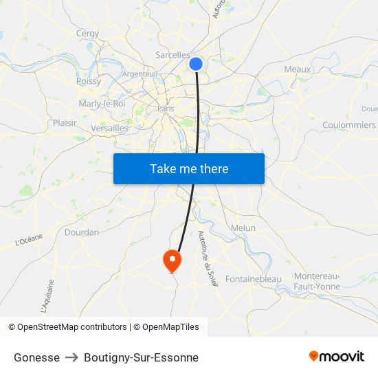 Gonesse to Boutigny-Sur-Essonne map