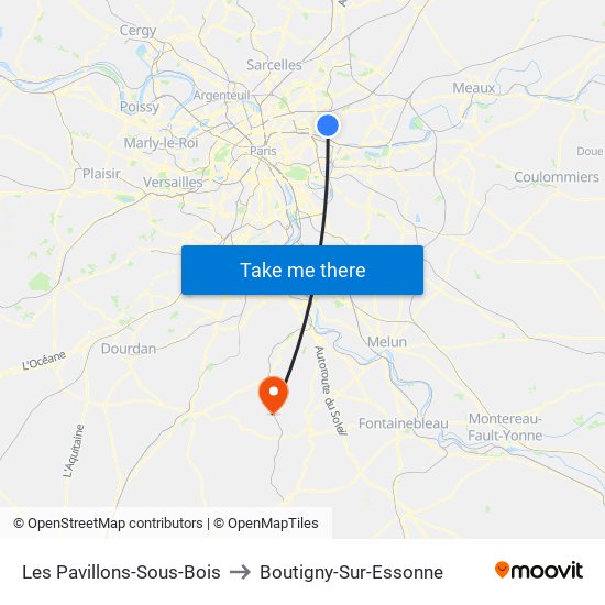 Les Pavillons-Sous-Bois to Boutigny-Sur-Essonne map