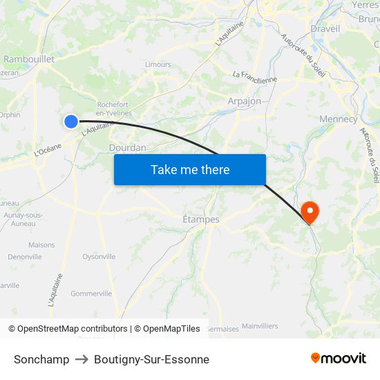 Sonchamp to Boutigny-Sur-Essonne map
