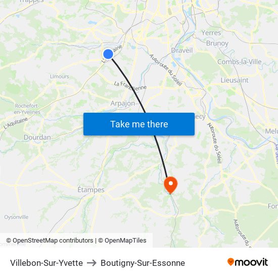 Villebon-Sur-Yvette to Boutigny-Sur-Essonne map