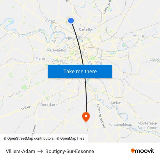 Villiers-Adam to Boutigny-Sur-Essonne map