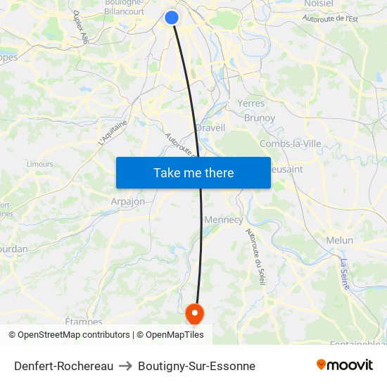 Denfert-Rochereau to Boutigny-Sur-Essonne map