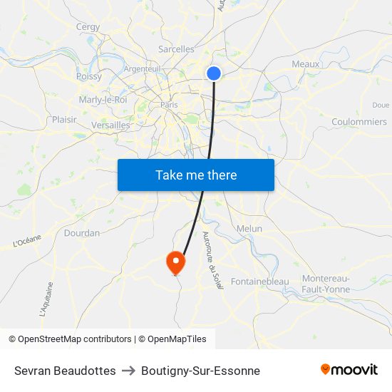 Sevran Beaudottes to Boutigny-Sur-Essonne map
