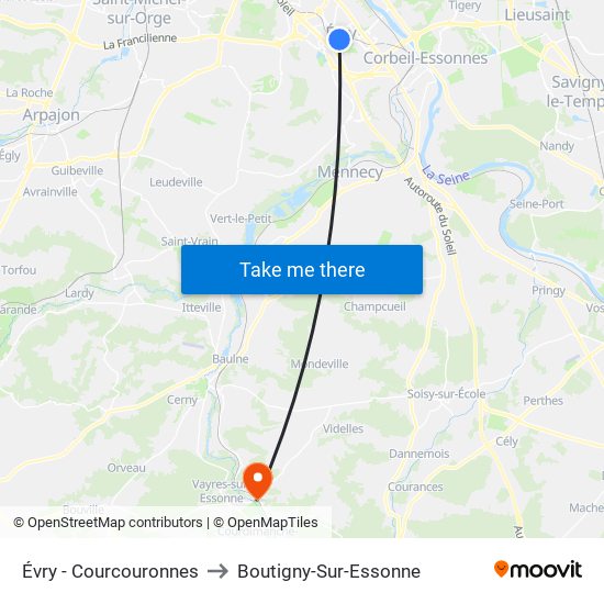 Évry - Courcouronnes to Boutigny-Sur-Essonne map