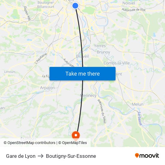 Gare de Lyon to Boutigny-Sur-Essonne map