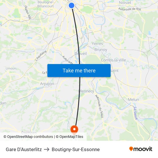Gare D'Austerlitz to Boutigny-Sur-Essonne map