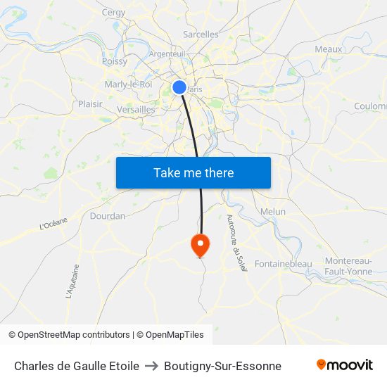 Charles de Gaulle Etoile to Boutigny-Sur-Essonne map