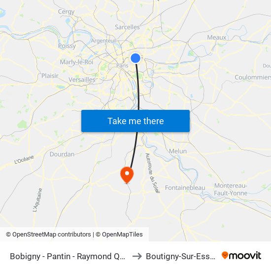 Bobigny - Pantin - Raymond Queneau to Boutigny-Sur-Essonne map