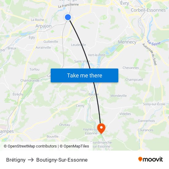 Brétigny to Boutigny-Sur-Essonne map
