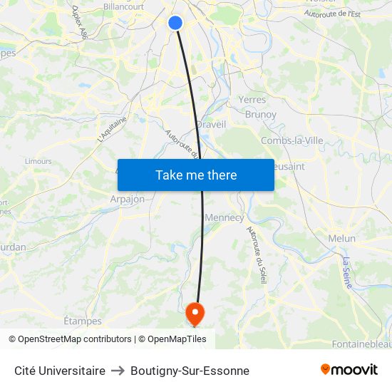 Cité Universitaire to Boutigny-Sur-Essonne map