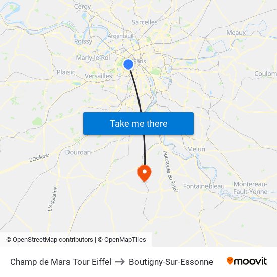 Champ de Mars Tour Eiffel to Boutigny-Sur-Essonne map