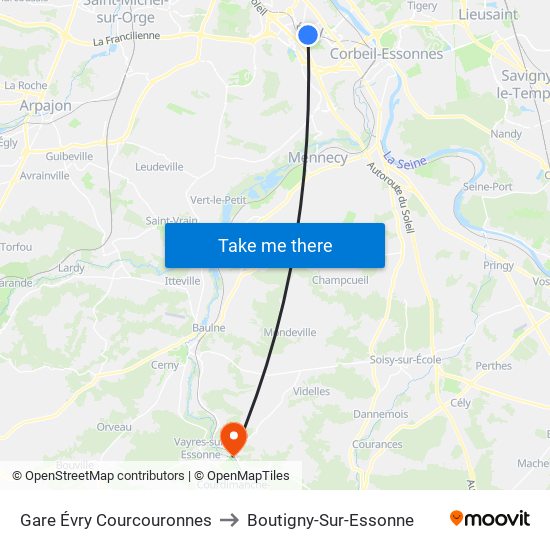 Gare Évry Courcouronnes to Boutigny-Sur-Essonne map