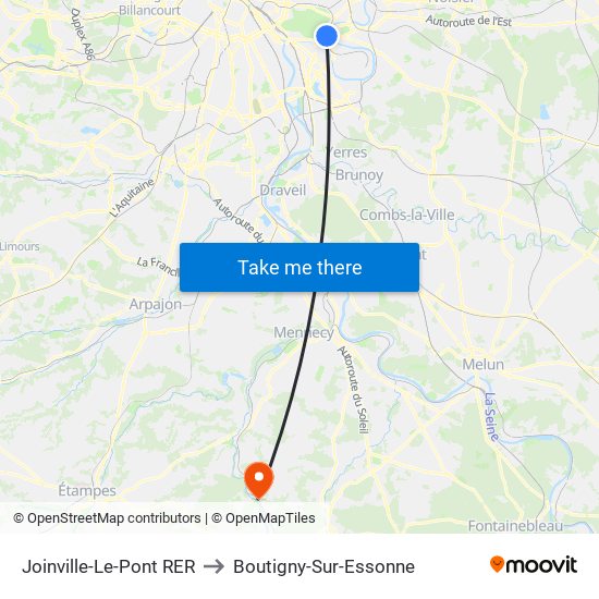 Joinville-Le-Pont RER to Boutigny-Sur-Essonne map