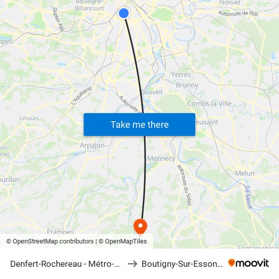 Denfert-Rochereau - Métro-Rer to Boutigny-Sur-Essonne map