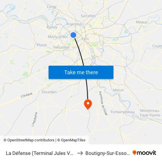 La Défense (Terminal Jules Verne) to Boutigny-Sur-Essonne map