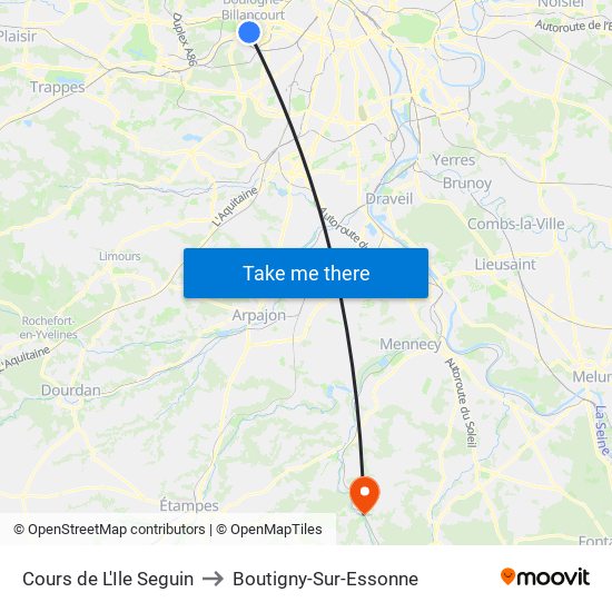 Cours de L'Ile Seguin to Boutigny-Sur-Essonne map