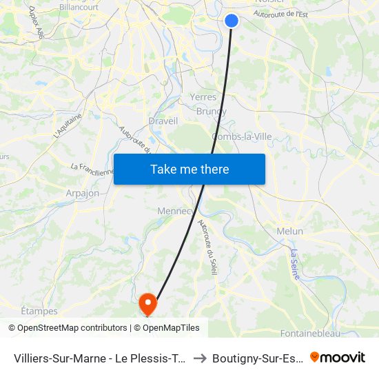 Villiers-Sur-Marne - Le Plessis-Trévise RER to Boutigny-Sur-Essonne map