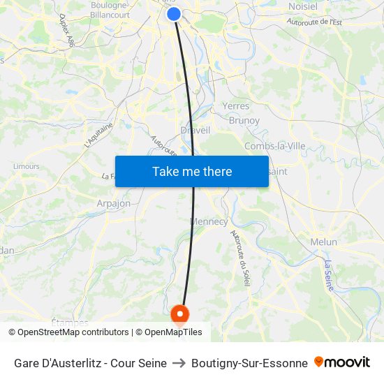 Gare D'Austerlitz - Cour Seine to Boutigny-Sur-Essonne map