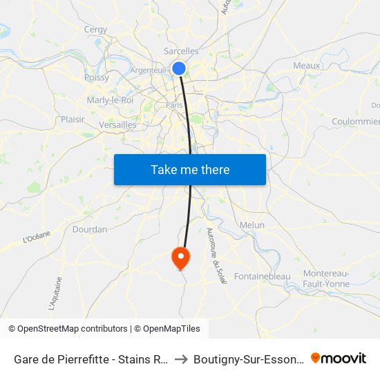 Gare de Pierrefitte - Stains RER to Boutigny-Sur-Essonne map