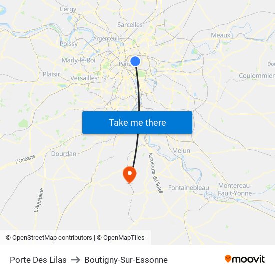 Porte Des Lilas to Boutigny-Sur-Essonne map