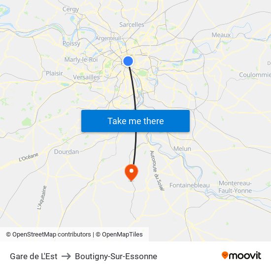 Gare de L'Est to Boutigny-Sur-Essonne map