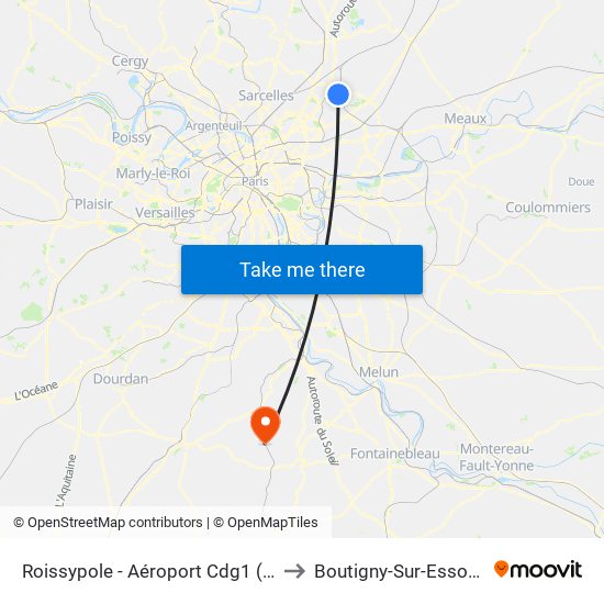 Roissypole - Aéroport Cdg1 (G1) to Boutigny-Sur-Essonne map