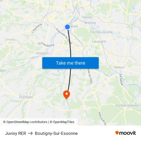 Juvisy RER to Boutigny-Sur-Essonne map