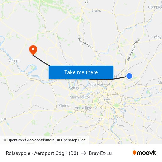 Roissypole - Aéroport Cdg1 (D3) to Bray-Et-Lu map